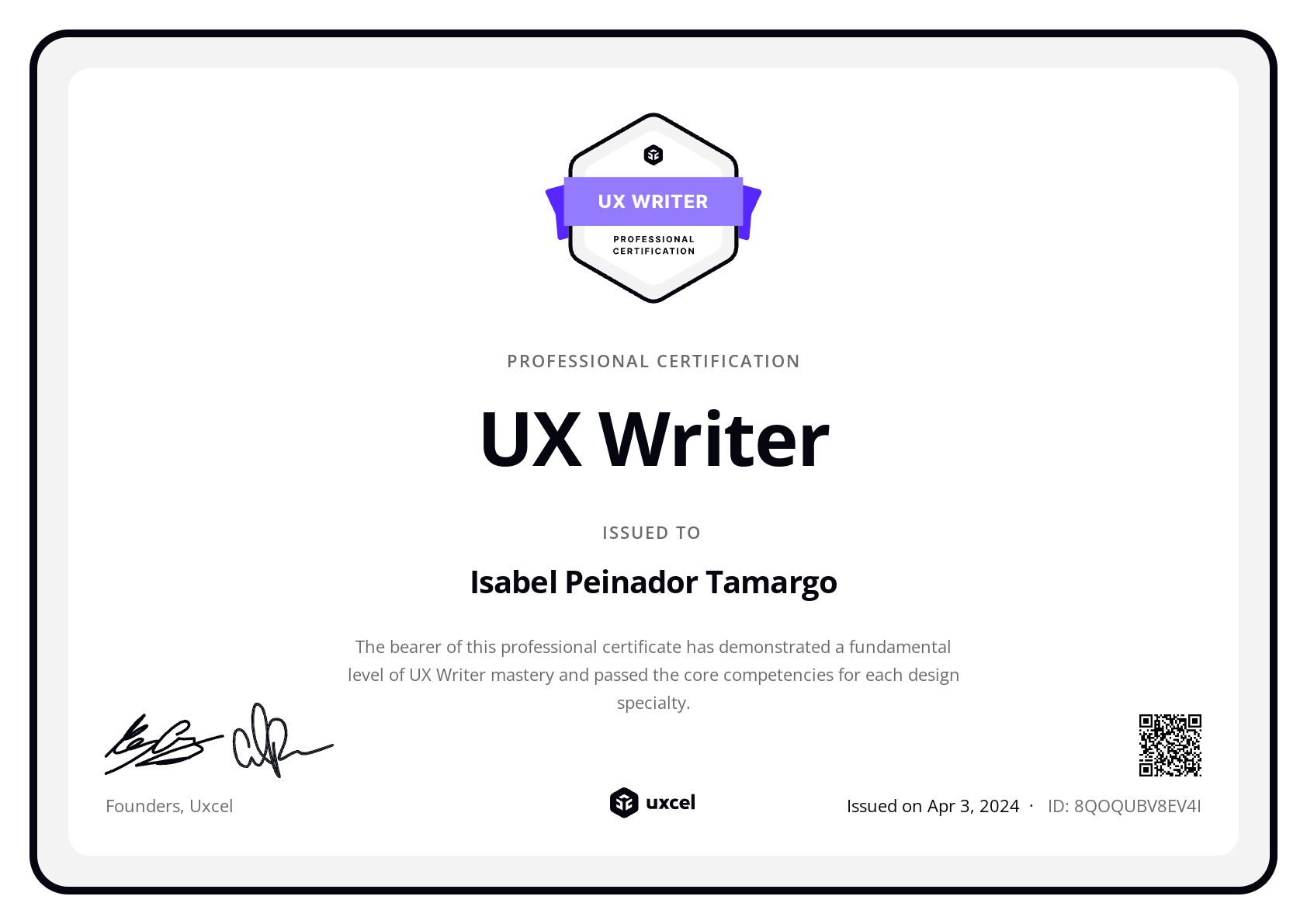 Isabel P.'s certificate